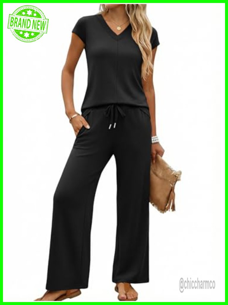 Two Piece Lounge Set V Neck Wide Leg Pant Side Slit Summer Travel Outfits
